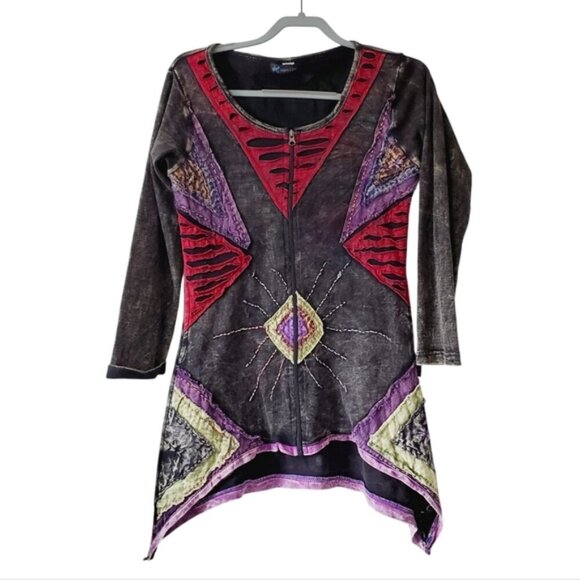 Leopards & Roses Nepal Y2K Whimsigoth Patchwork Cotton Artsy Lagenlook Top S - Picture 1 of 7